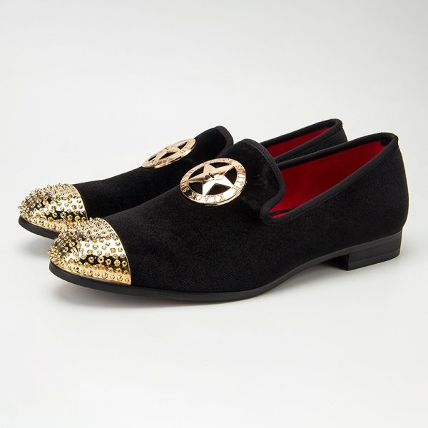 Handmade Men's Black Velvet Loafers Slip-On Dress Shoes with a soft cushioned insole and gold star decoration, ideal for formal occasions.