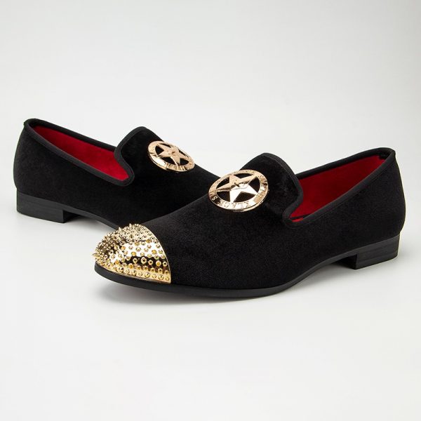 Handmade Men's Black Velvet Loafers Slip-On Dress Shoes with a soft cushioned insole and gold star decoration, ideal for formal occasions.