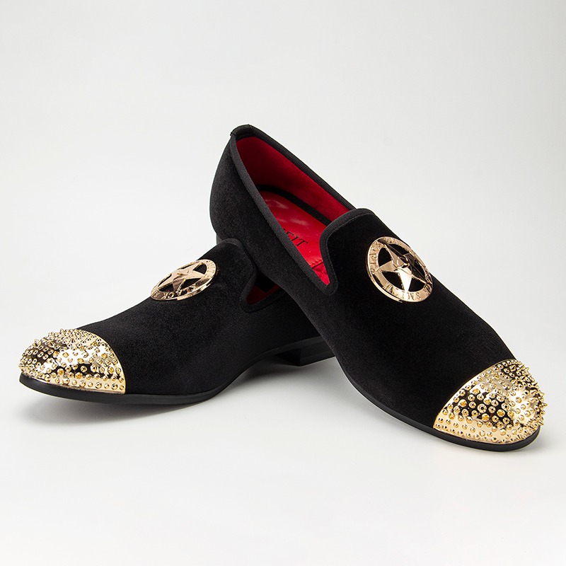 Handmade Men's Black Velvet Loafers Slip-On Dress Shoes with a soft cushioned insole and gold star decoration, ideal for formal occasions.
