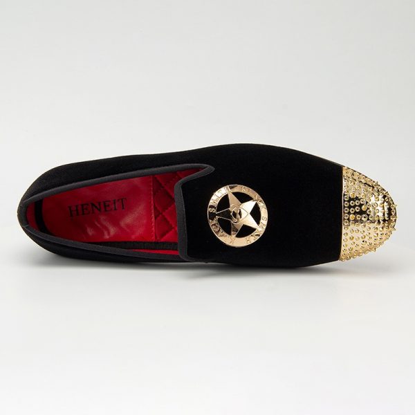 Handmade Men's Black Velvet Loafers Slip-On Dress Shoes with a soft cushioned insole and gold star decoration, ideal for formal occasions.