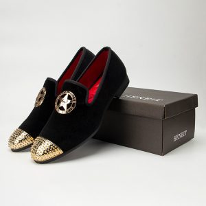 Handmade Men's Black Velvet Loafers Slip-On Dress Shoes with a soft cushioned insole and gold star decoration, ideal for formal occasions.