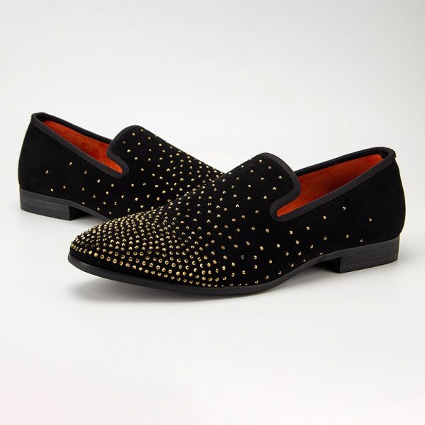 Men's suede dress loafers with rhinestone detailing, slip-on style, perfect for formal events and adding a touch of luxury to your outfit.