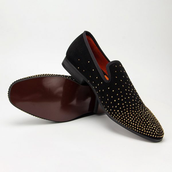 Men's suede dress loafers with rhinestone detailing, slip-on style, perfect for formal events and adding a touch of luxury to your outfit.