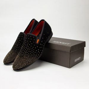 Men's suede dress loafers with rhinestone detailing, slip-on style, perfect for formal events and adding a touch of luxury to your outfit.