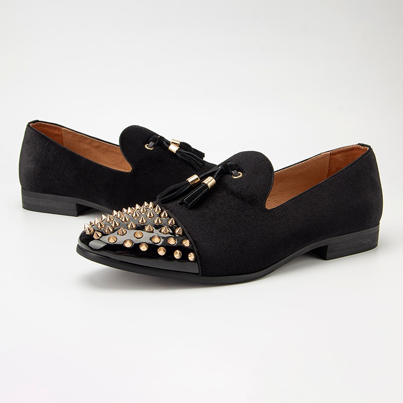 Black Tassels Slip On Loafers With Spikes Men s Dress Shoes HENEIT