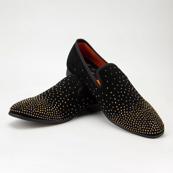 Men's suede dress loafers with rhinestone detailing, slip-on style, perfect for formal events and adding a touch of luxury to your outfit.