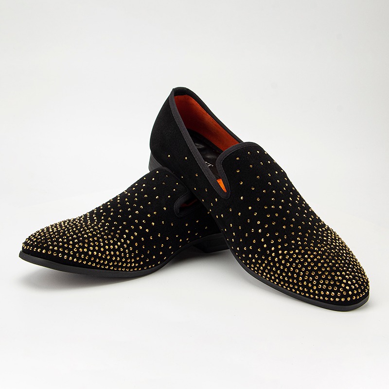 Black Suede Gold Embroidery Fleur-De-Lys Mens Loafers Flats Thick Sole  Dress Shoes