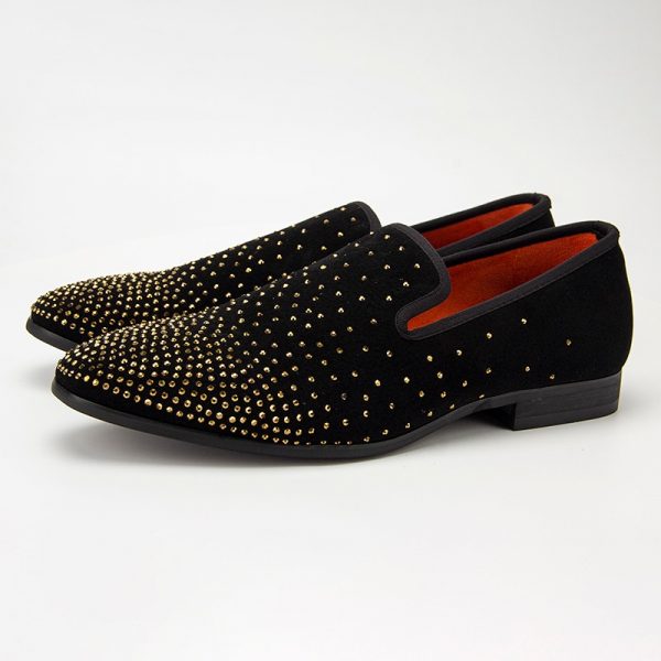 Men's suede dress loafers with rhinestone detailing, slip-on style, perfect for formal events and adding a touch of luxury to your outfit.