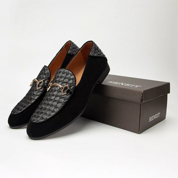 Black leather men's slip-on loafers with suede side panels, perfect for formal and smart-casual wear.
