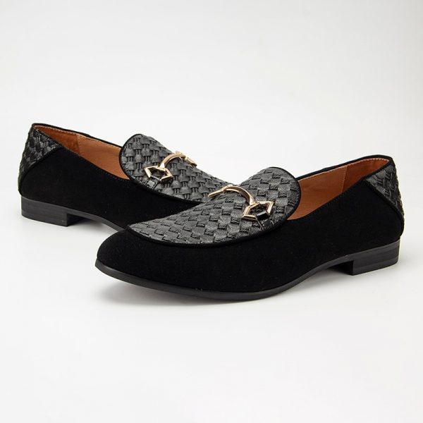 Black leather men's slip-on loafers with suede side panels, perfect for formal and smart-casual wear.