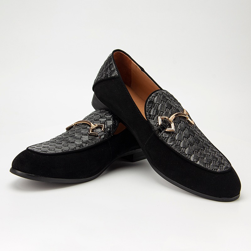 Black leather men's slip-on loafers with suede side panels, perfect for formal and smart-casual wear.