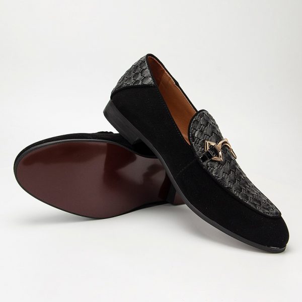 Black leather men's slip-on loafers with suede side panels, perfect for formal and smart-casual wear.