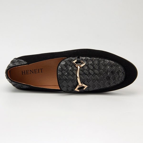 Black leather men's slip-on loafers with suede side panels, perfect for formal and smart-casual wear.