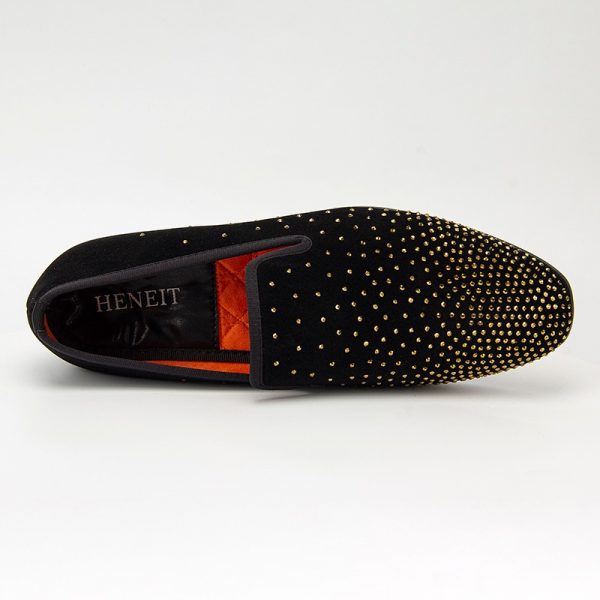 Men's suede dress loafers with rhinestone detailing, slip-on style, perfect for formal events and adding a touch of luxury to your outfit.
